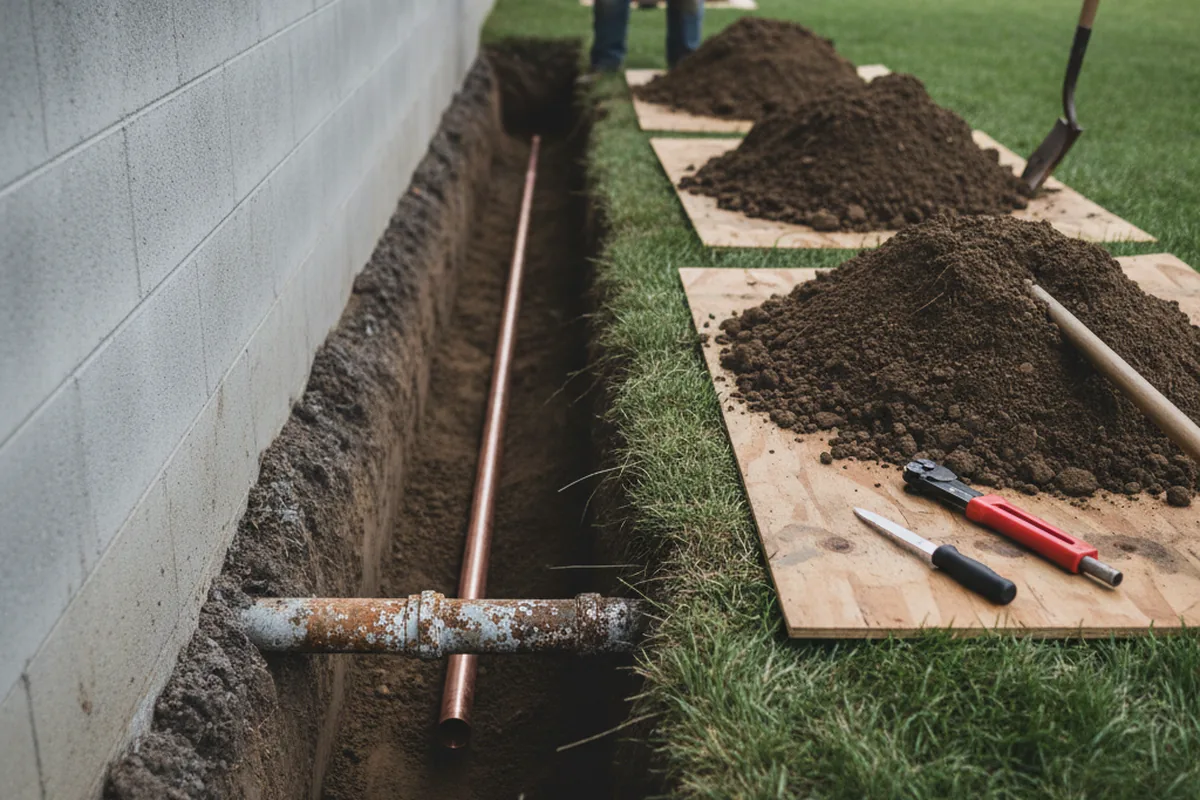 Excavated water line trench during Water Softener Installation in Tulsa
